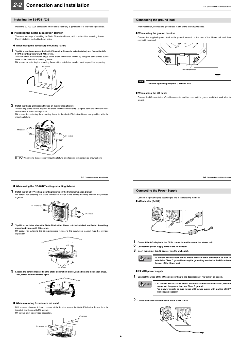 2 connection and installation, Installing the sj-f031/036, Connecting the ground lead | Connecting the power supply, Connection and installation | KEYENCE SJ-F036 User Manual | Page 4 / 10