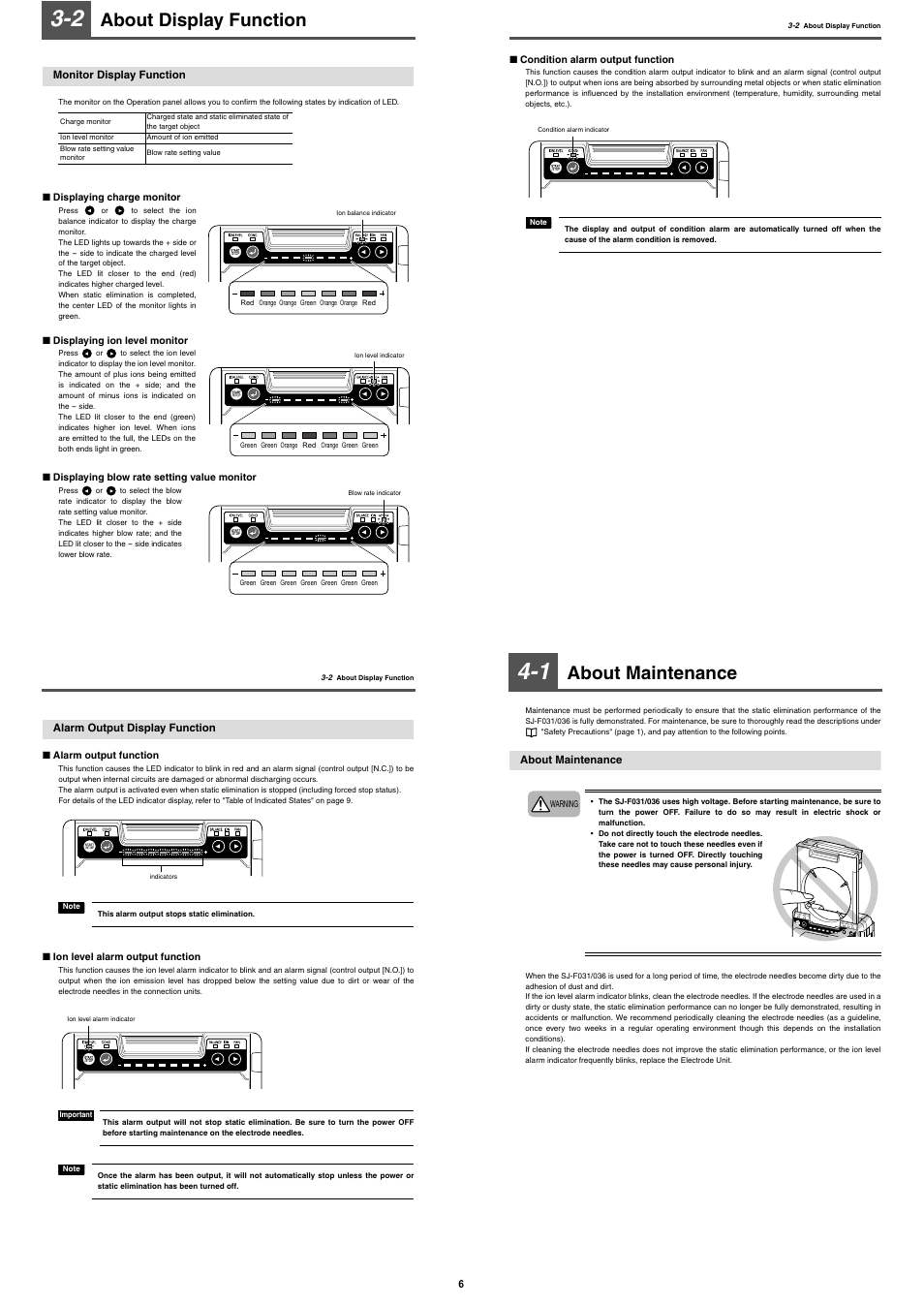 2 about display function, Monitor display function, Alarm output display function | 1 about maintenance, About maintenance, About display function, 4maintenance, Start /stop balance ion fan cond ionlevel | KEYENCE SJ-F036 User Manual | Page 6 / 10