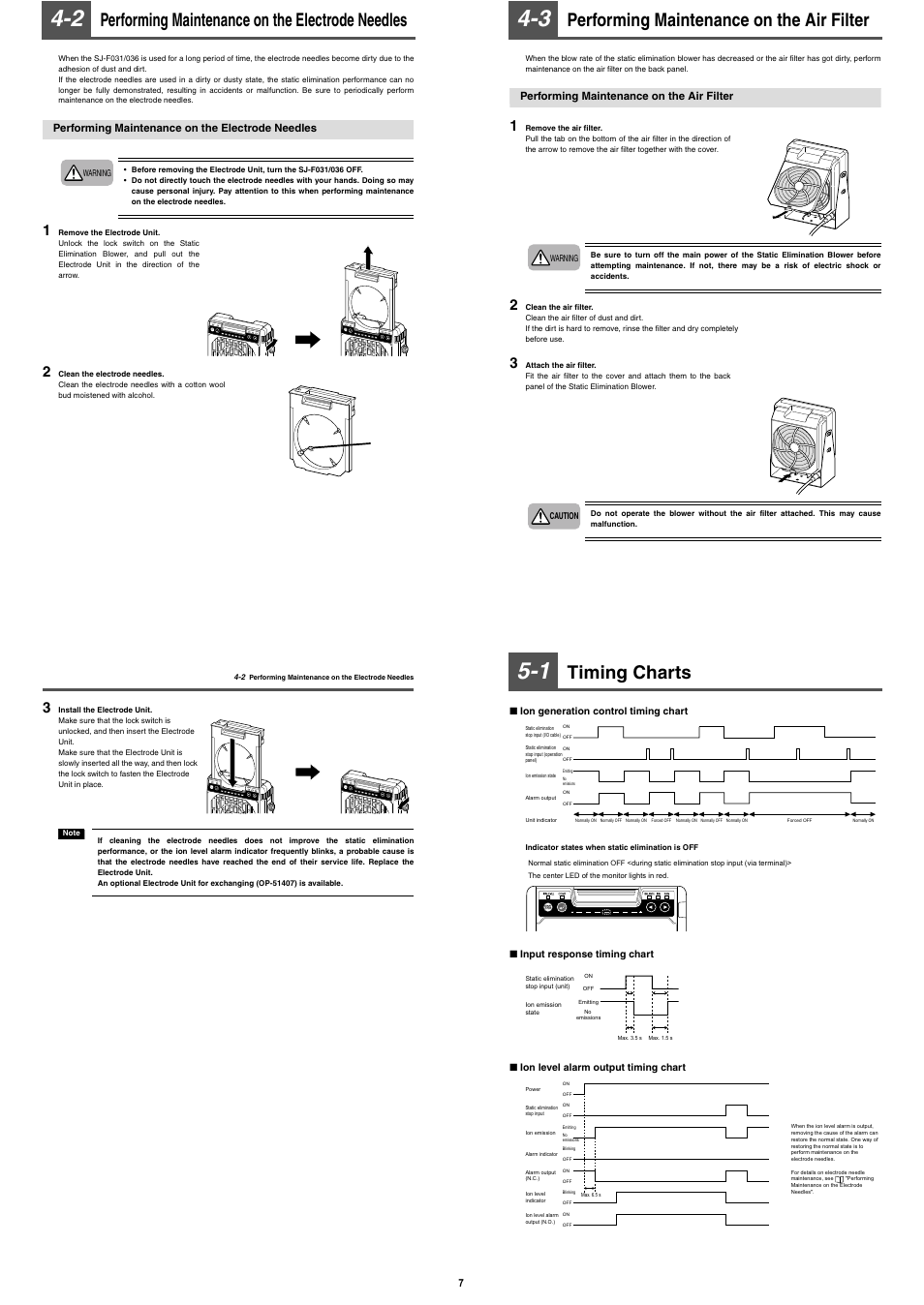 2 performing maintenance on the electrode needles, Performing maintenance on the electrode needles, 3 performing maintenance on the air filter | Performing maintenance on the air filter, 1 timing charts, Timing charts, Start /stop, 5specifications | KEYENCE SJ-F036 User Manual | Page 7 / 10