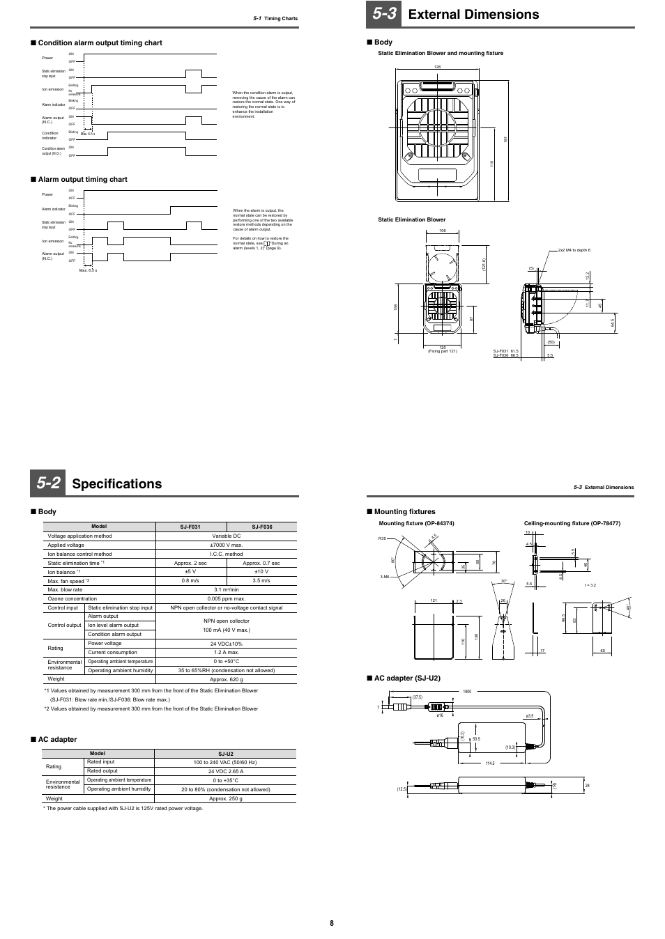 2 specifications, 3 external dimensions, Specifications | External dimensions, Body ■ ac adapter, Body, Mounting fixtures ■ ac adapter (sj-u2) | KEYENCE SJ-F036 User Manual | Page 8 / 10