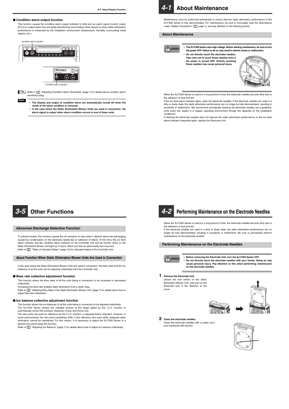 5 other functions, Abnormal discharge detection function, 1 about maintenance | About maintenance, 2 performing maintenance on the electrode needles, Performing maintenance on the electrode needles, Other functions | KEYENCE SJ-F300 Series User Manual | Page 10 / 14