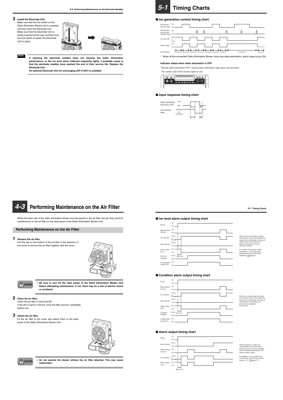 3 performing maintenance on the air filter, Performing maintenance on the air filter, 1 timing charts | Timing charts, 5specifications | KEYENCE SJ-F300 Series User Manual | Page 11 / 14