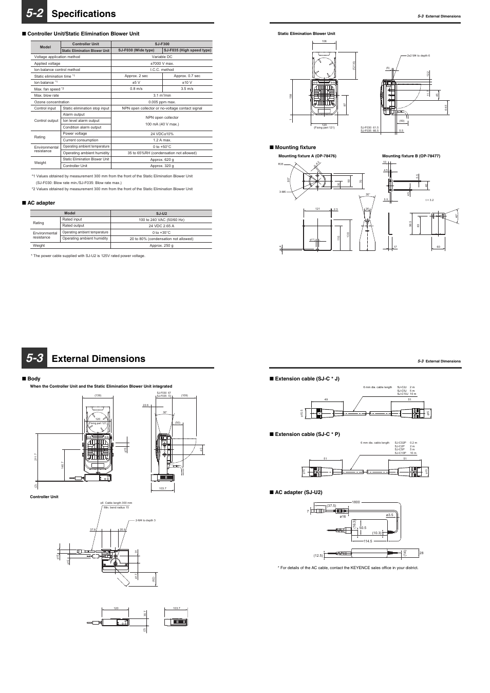 2 specifications, 3 external dimensions, Specifications | External dimensions, Body, Mounting fixture | KEYENCE SJ-F300 Series User Manual | Page 12 / 14