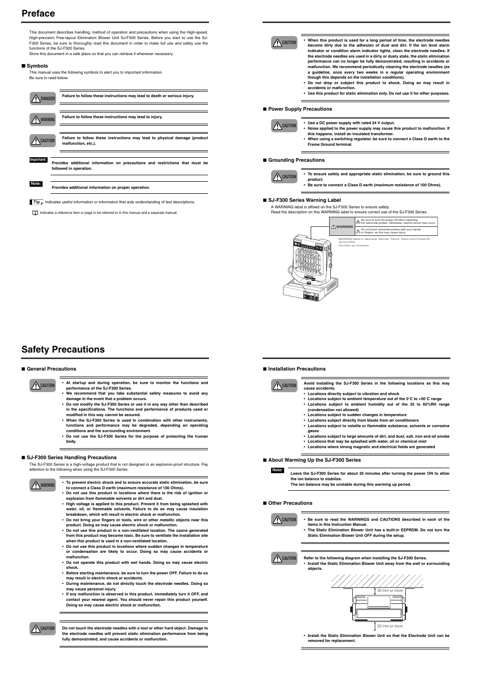 Preface, Safety precautions, Start /stop balance ion fan cond ionlevel | KEYENCE SJ-F300 Series User Manual | Page 2 / 14