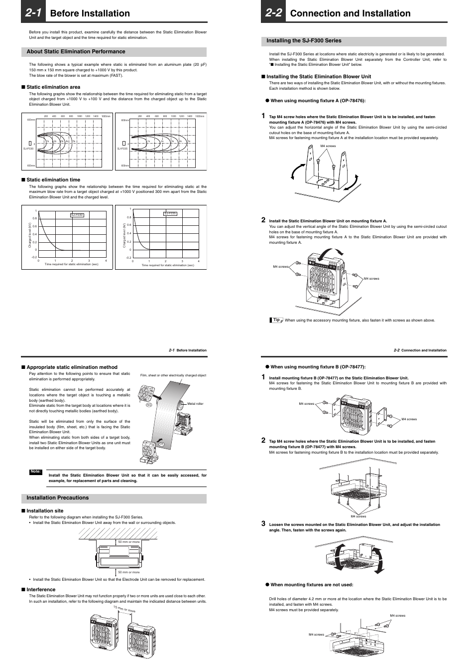 1 before installation, About static elimination performance, Installation precautions | 2 connection and installation, Installing the sj-f300 series, Before installation, Connection and installation, 2connection and installation, Start /stop balance ion fan cond ionlevel, Start /stop start /stop | KEYENCE SJ-F300 Series User Manual | Page 5 / 14