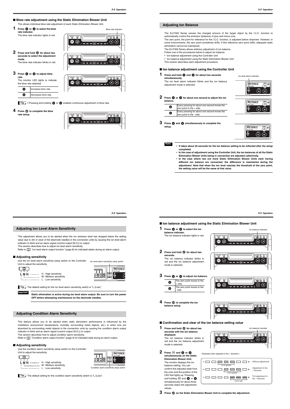 Adjusting ion level alarm sensitivity, Adjusting condition alarm sensitivity, Adjusting ion balance | KEYENCE SJ-F300 Series User Manual | Page 8 / 14