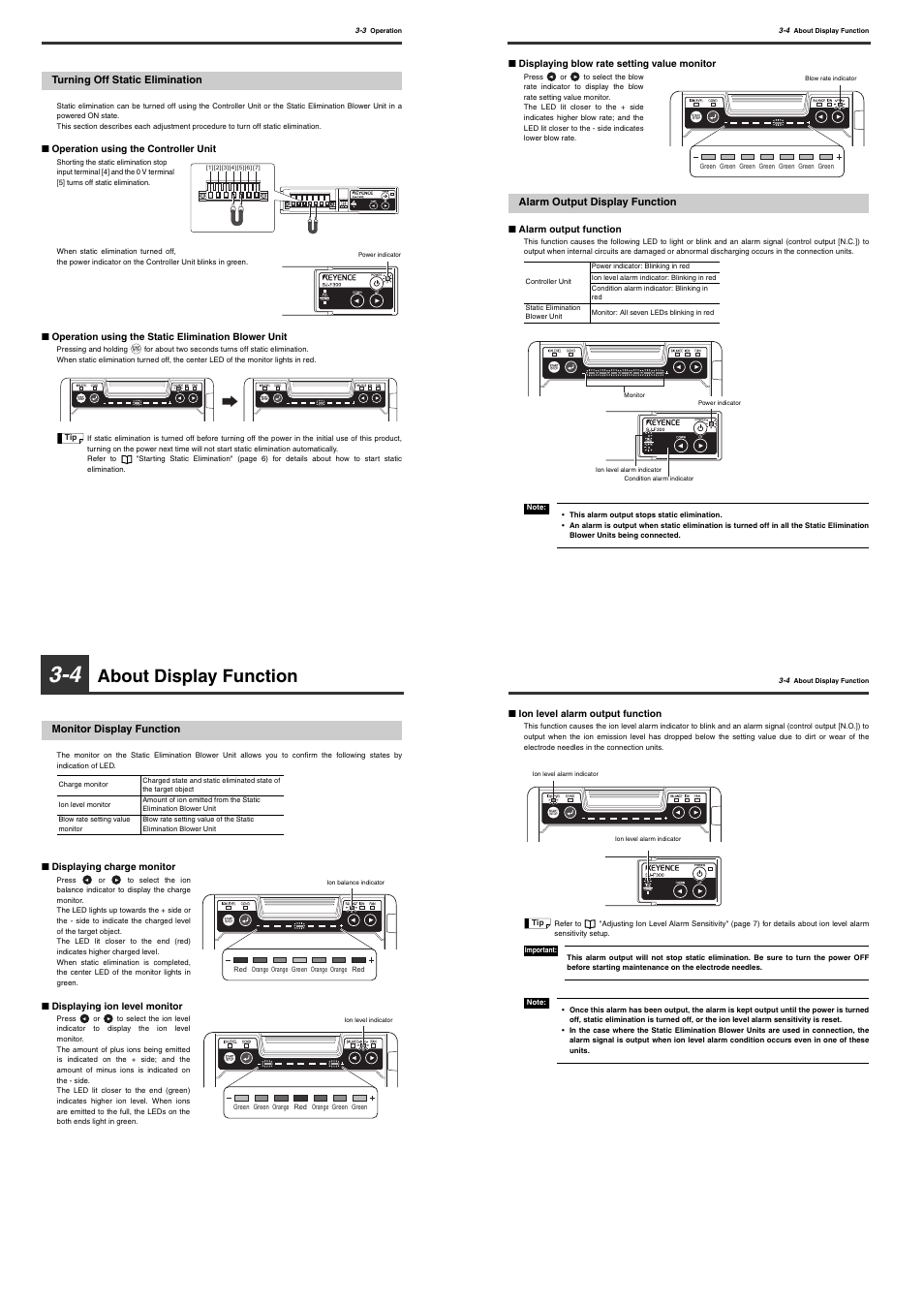 Turning off static elimination, 4 about display function, Monitor display function | Alarm output display function, About display function | KEYENCE SJ-F300 Series User Manual | Page 9 / 14