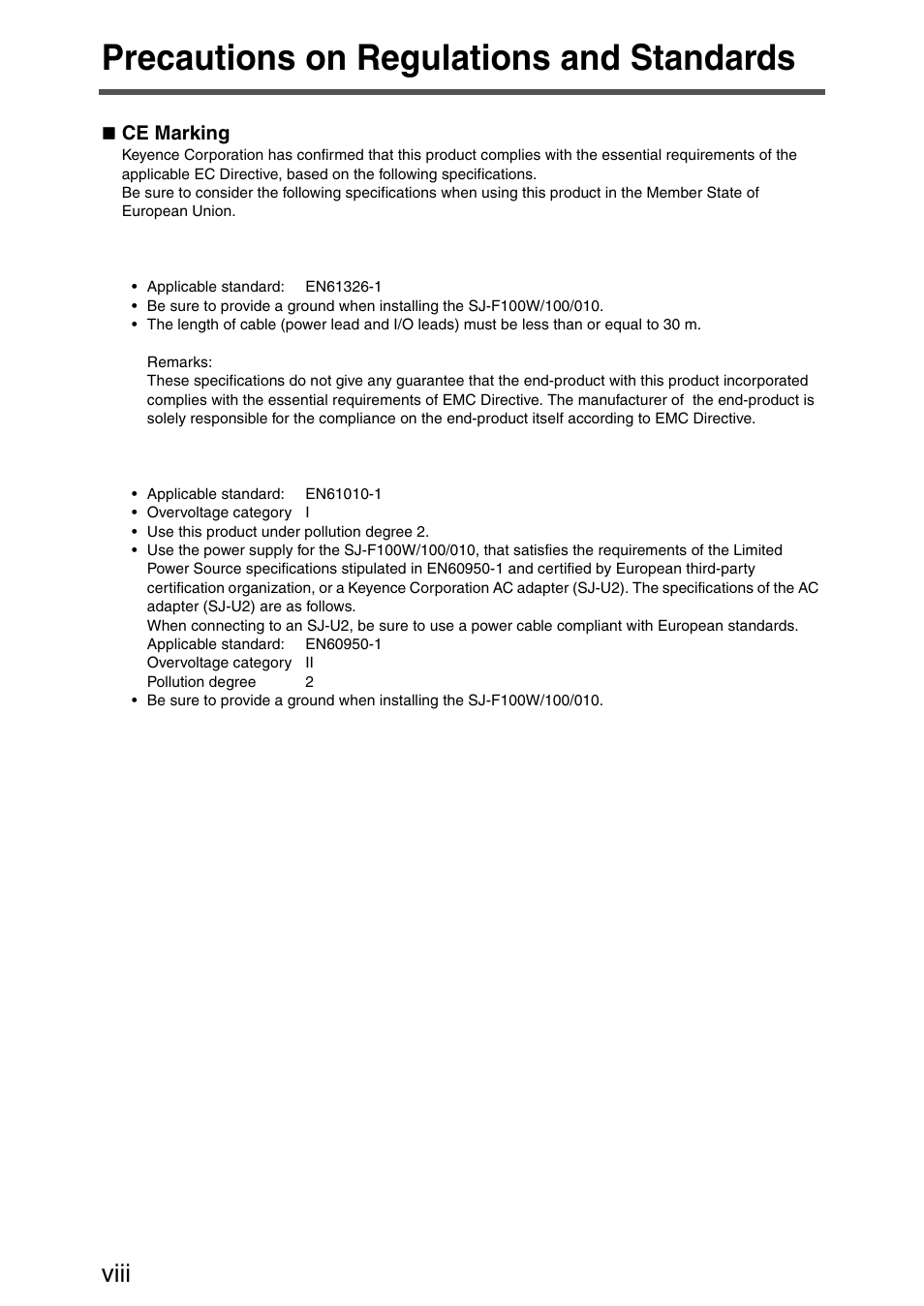 Precautions on regulations and standards, Viii | KEYENCE SJ-F100W/100/010 User Manual | Page 10 / 56