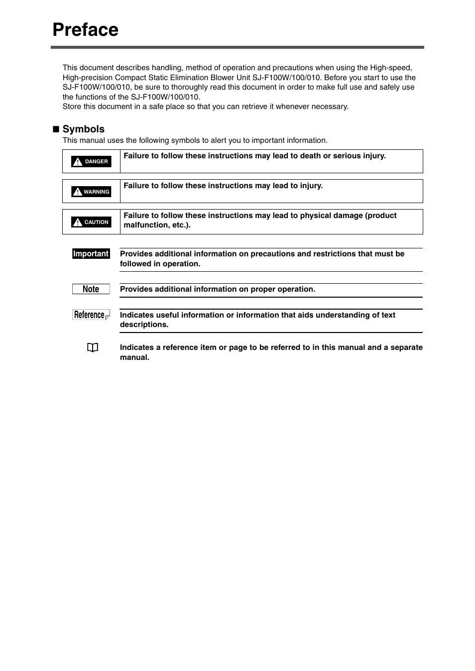 Preface, Symbols, Reference | KEYENCE SJ-F100W/100/010 User Manual | Page 2 / 56