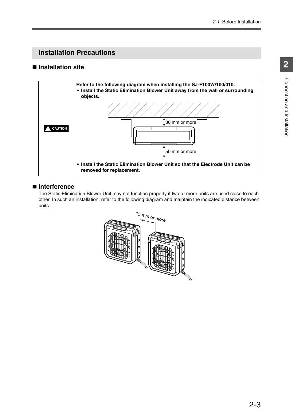 Installation precautions, Installation precautions -3, Installation site  interference | KEYENCE SJ-F100W/100/010 User Manual | Page 21 / 56