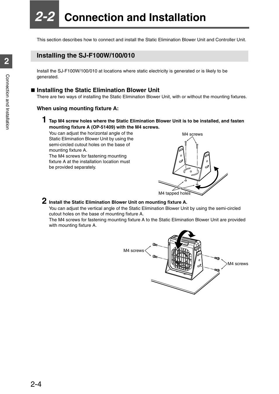 2 connection and installation, Installing the sj-f100w/100/010, Connection and installation -4 | Installing the sj-f100w/100/010 -4, Connection and installation | KEYENCE SJ-F100W/100/010 User Manual | Page 22 / 56