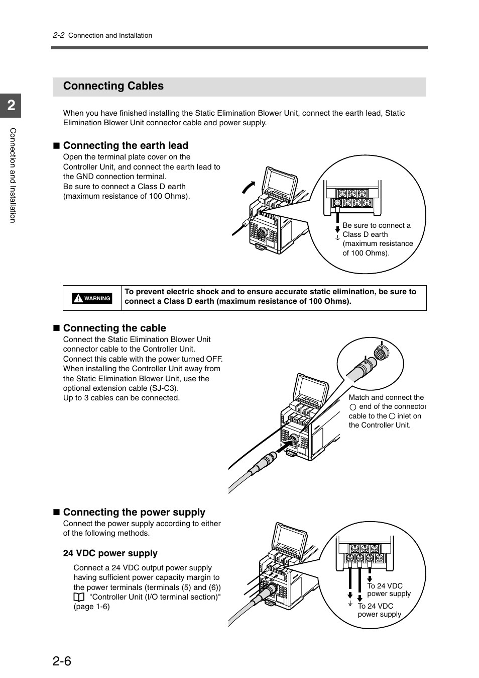 Connecting cables, Connecting cables -6, Connecting the earth lead | Connecting the cable, Connecting the power supply | KEYENCE SJ-F100W/100/010 User Manual | Page 24 / 56