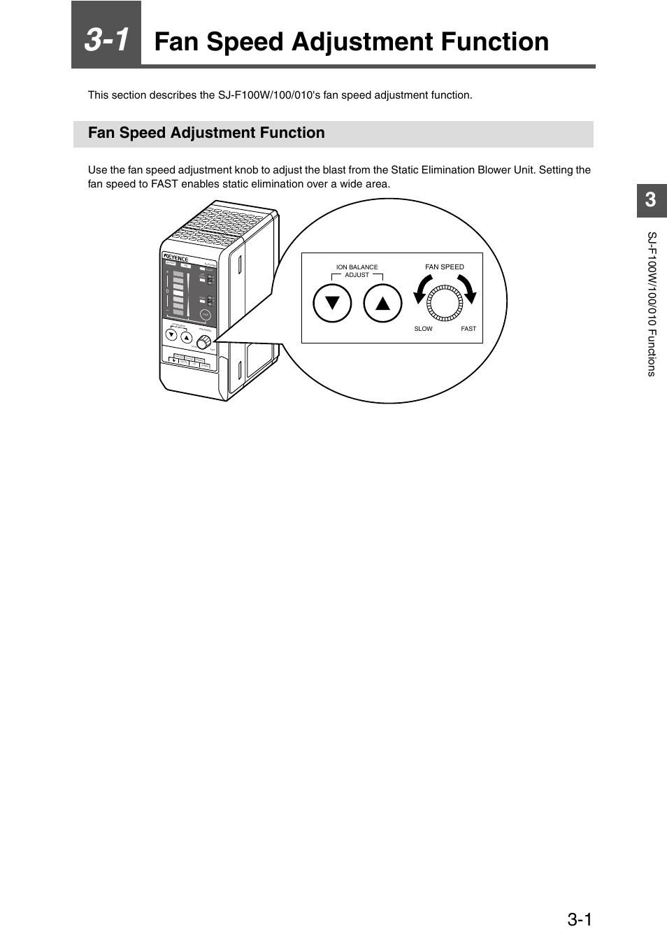 1 fan speed adjustment function, Fan speed adjustment function, Chapter 3 | Sj-f100w/100/010 functions, Fan speed adjustment function -1 | KEYENCE SJ-F100W/100/010 User Manual | Page 27 / 56