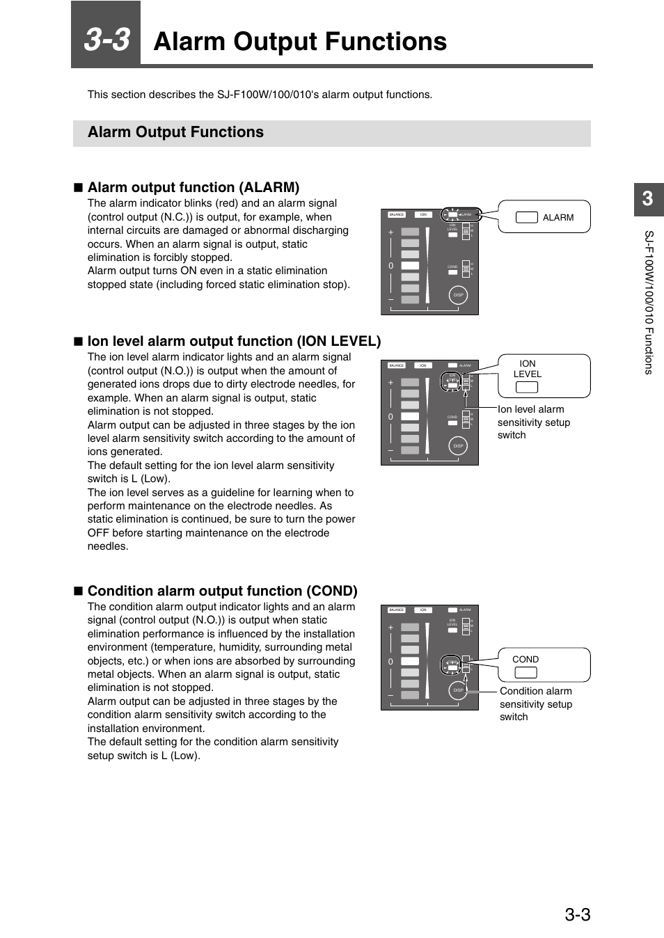 3 alarm output functions, Alarm output functions, Alarm output functions -3 | Alarm output function (alarm), Ion level alarm output function (ion level), Condition alarm output function (cond), Ion level alarm sensitivity setup switch, Condition alarm sensitivity setup switch | KEYENCE SJ-F100W/100/010 User Manual | Page 29 / 56