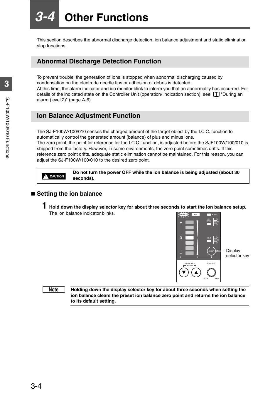 4 other functions, Abnormal discharge detection function, Ion balance adjustment function | Other functions -4, Other functions, Setting the ion balance | KEYENCE SJ-F100W/100/010 User Manual | Page 30 / 56