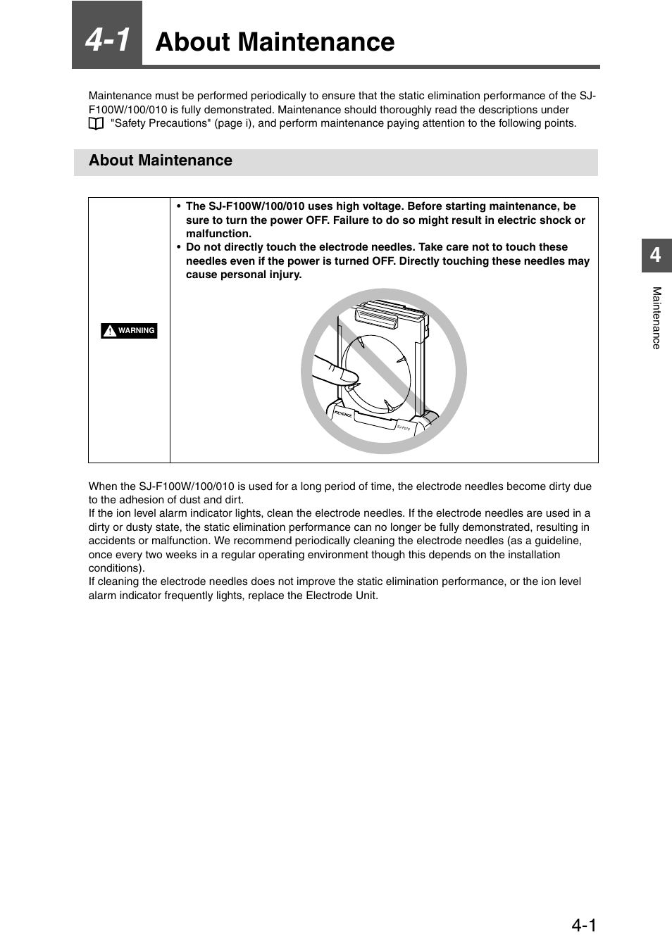 1 about maintenance, About maintenance, Chapter 4 | Maintenance, About maintenance -1 | KEYENCE SJ-F100W/100/010 User Manual | Page 33 / 56