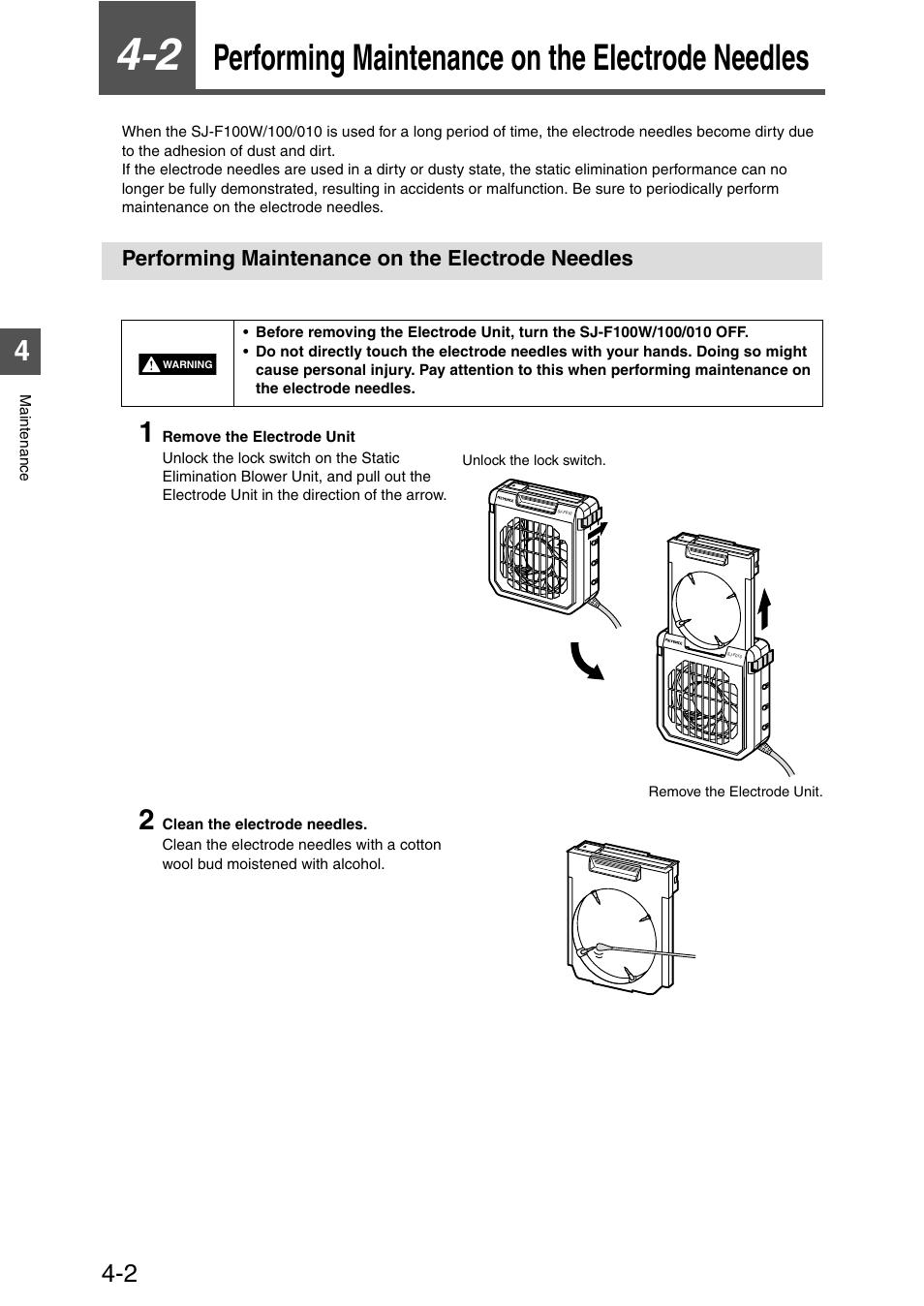 2 performing maintenance on the electrode needles, Performing maintenance on the electrode needles, Performing maintenance on the electrode needles -2 | KEYENCE SJ-F100W/100/010 User Manual | Page 34 / 56