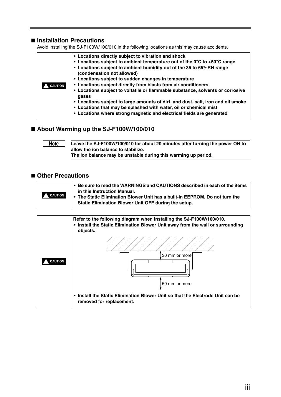 Installation precautions, Other precautions | KEYENCE SJ-F100W/100/010 User Manual | Page 5 / 56