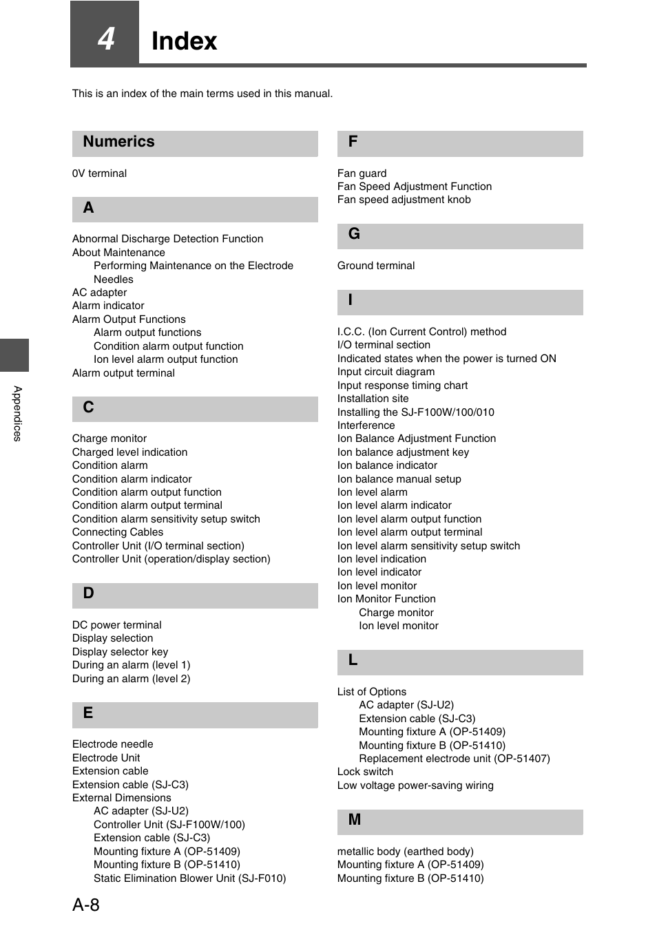 4 index, Index, Numerics | KEYENCE SJ-F100W/100/010 User Manual | Page 50 / 56