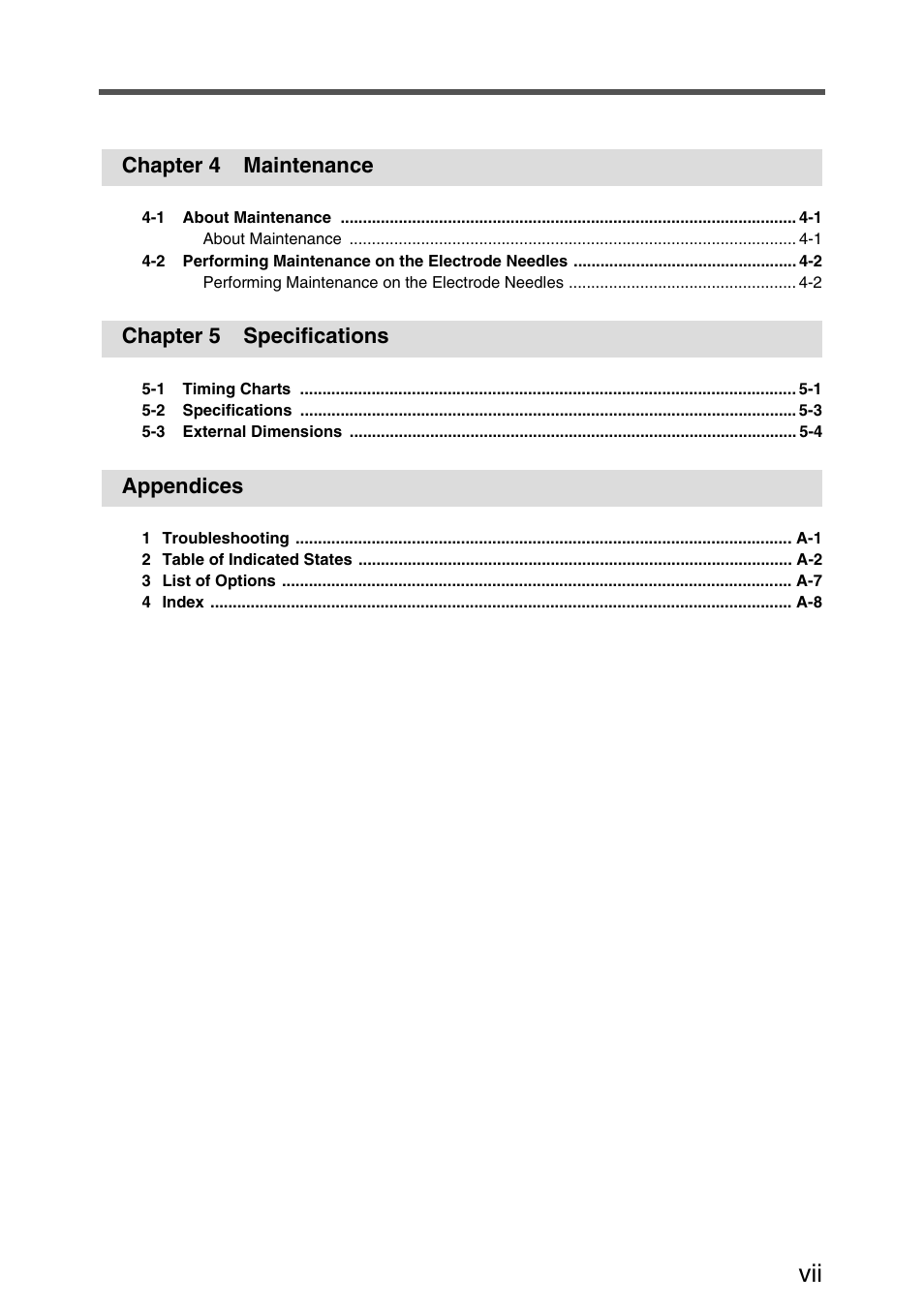 Chapter 4 maintenance, Chapter 5 specifications, Appendices | KEYENCE SJ-F100W/100/010 User Manual | Page 9 / 56