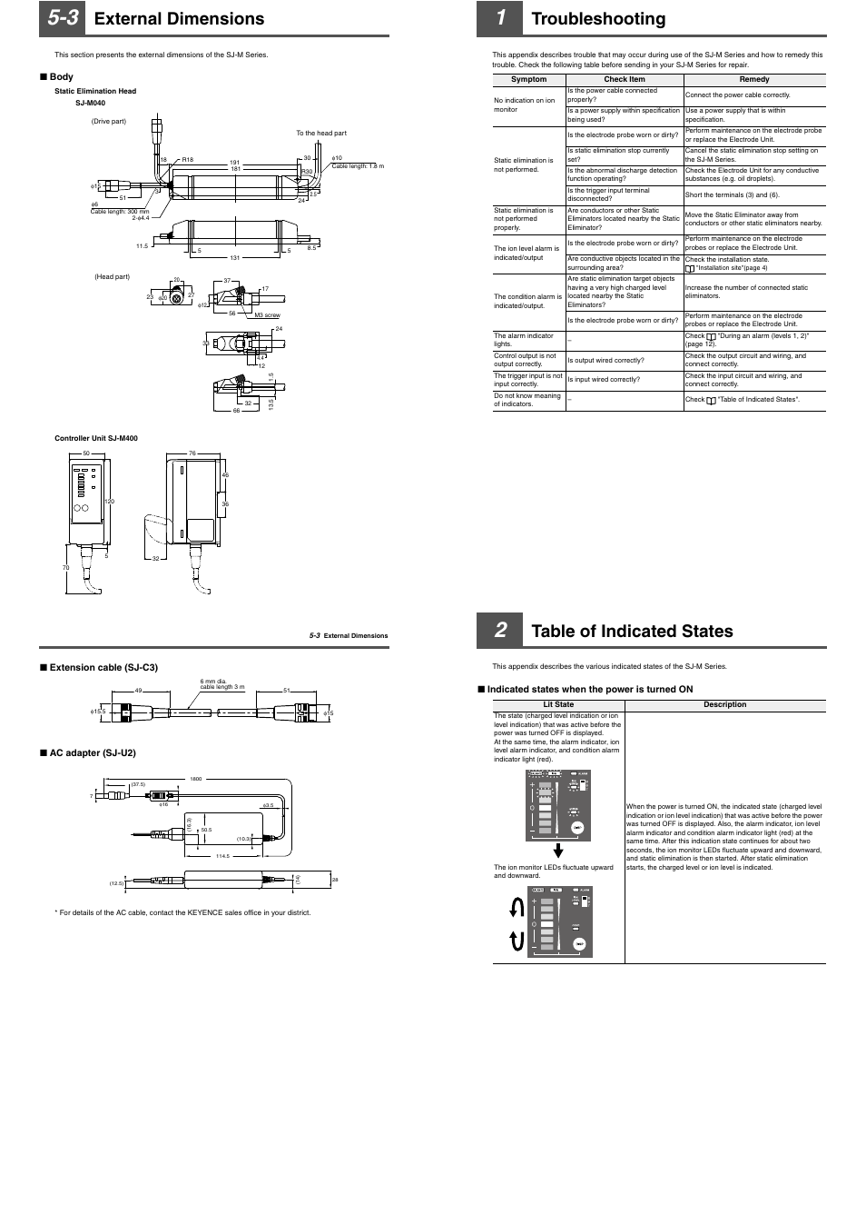 3 external dimensions, 1 troubleshooting, 2 table of indicated states | External dimensions, Troubleshooting, Table of indicated states | KEYENCE SJ-M400 User Manual | Page 11 / 14