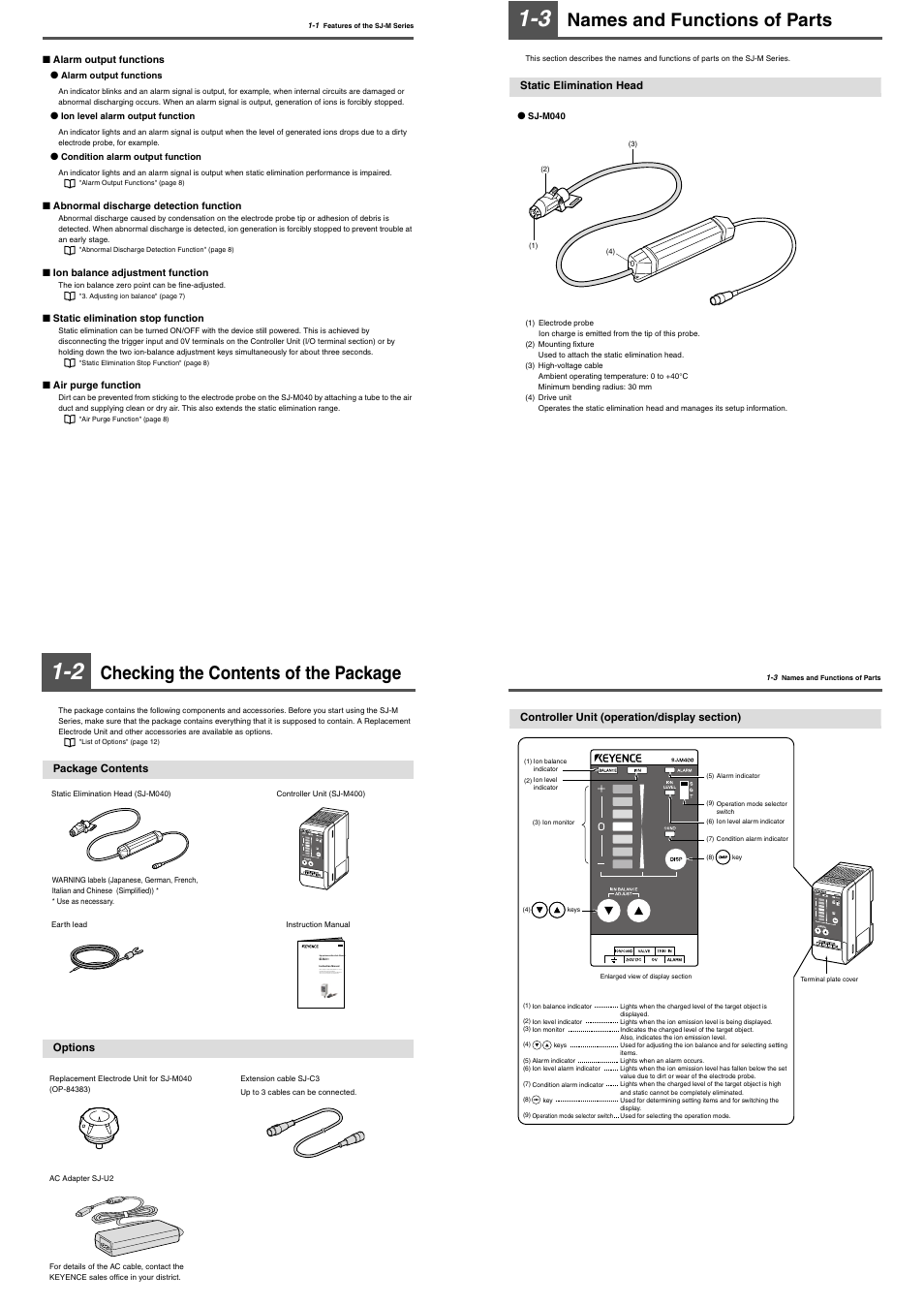 2 checking the contents of the package, Package contents, Options | 3 names and functions of parts, Static elimination head, Controller unit (operation/display section), Checking the contents of the package, Names and functions of parts | KEYENCE SJ-M400 User Manual | Page 3 / 14