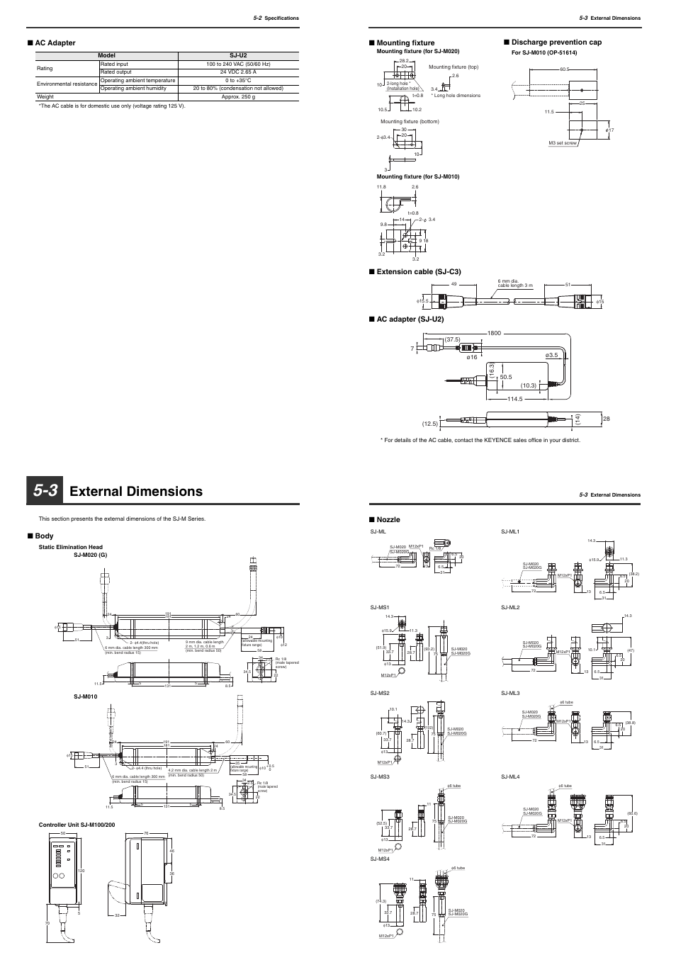 3 external dimensions, External dimensions, Ac adapter | Body, Discharge prevention cap, Nozzle | KEYENCE SJ-M200 User Manual | Page 13 / 16