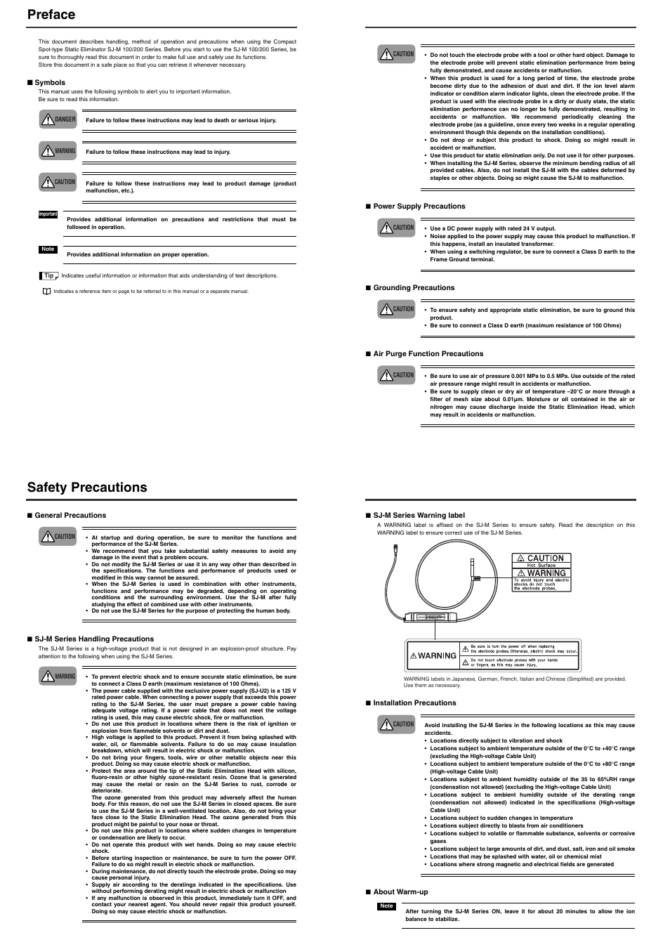 Preface, Safety precautions | KEYENCE SJ-M200 User Manual | Page 2 / 16