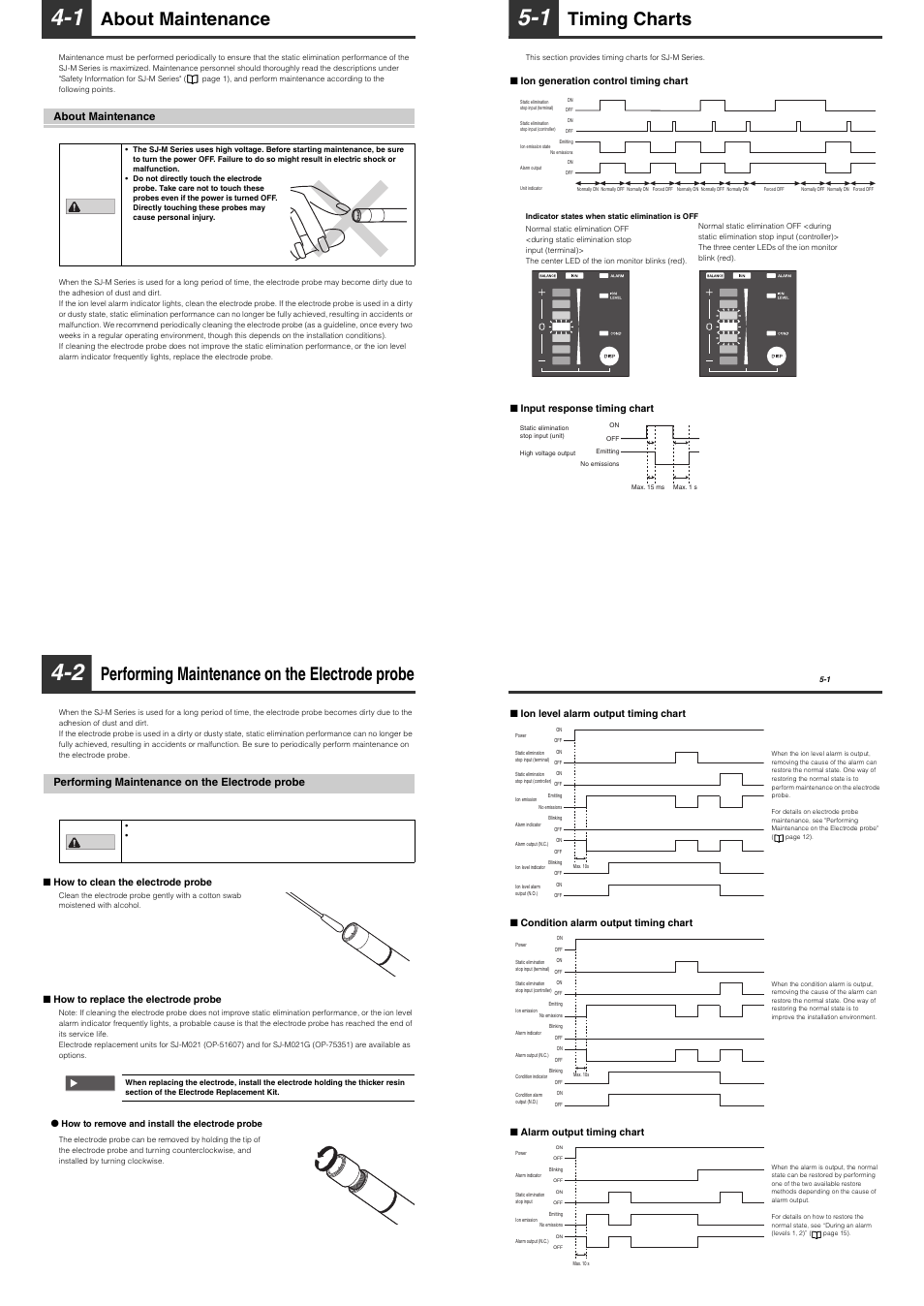 1 about maintenance, About maintenance, 2 performing maintenance on the electrode probe | Performing maintenance on the electrode probe, 1 timing charts, Timing charts | KEYENCE SJ-M201 User Manual | Page 12 / 16