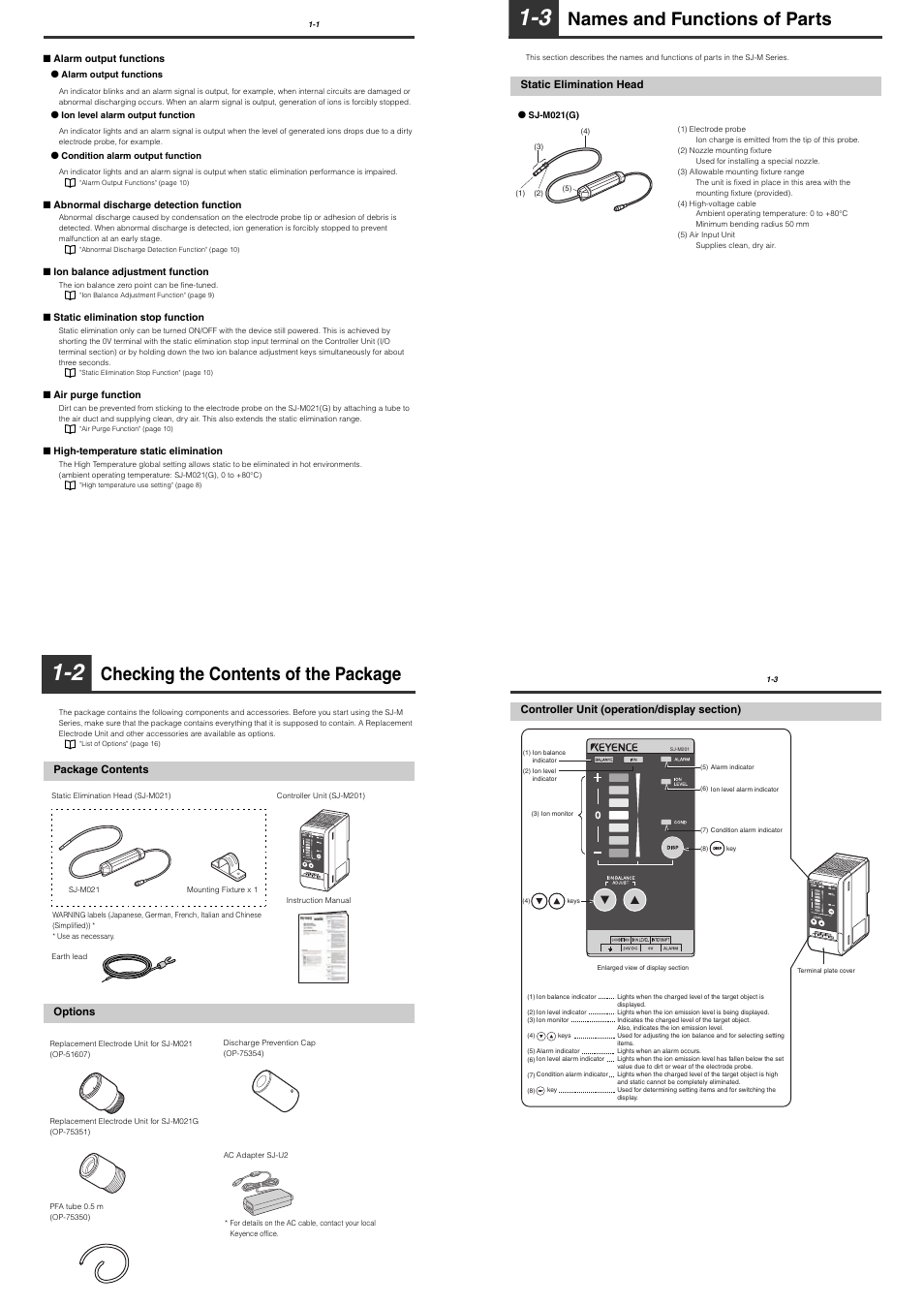 2 checking the contents of the package, Package contents, Options | 3 names and functions of parts, Static elimination head, Controller unit (operation/display section), Checking the contents of the package, Names and functions of parts | KEYENCE SJ-M201 User Manual | Page 3 / 16