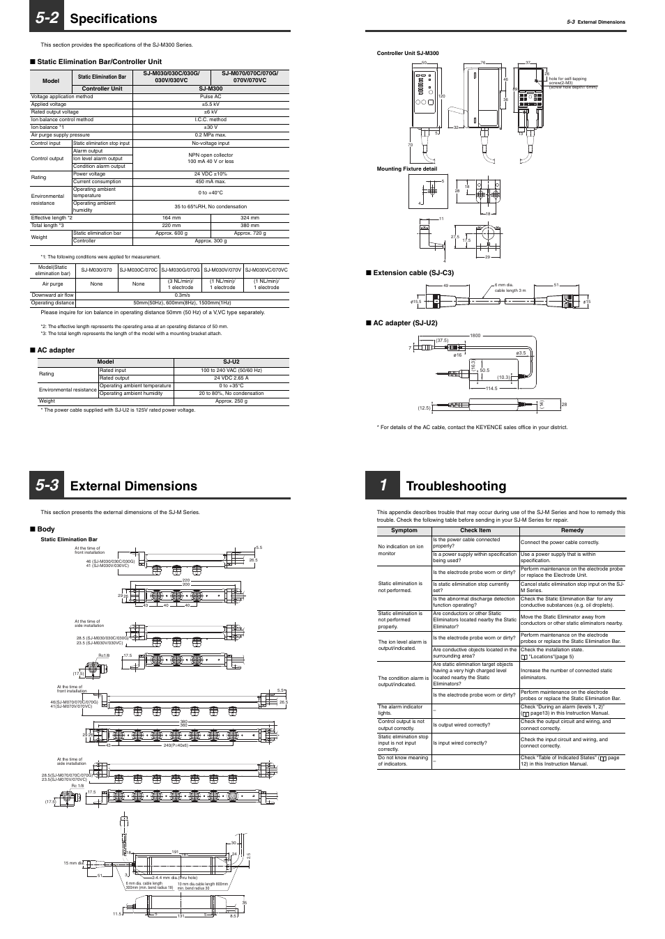 2 specifications, 3 external dimensions, 1 troubleshooting | Specifications, External dimensions, Troubleshooting | KEYENCE SJ-M300 User Manual | Page 12 / 14