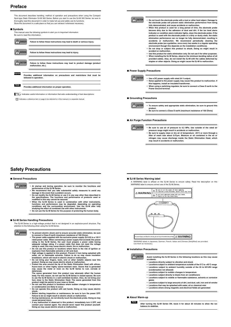 Preface, Safety precautions | KEYENCE SJ-M300 User Manual | Page 2 / 14
