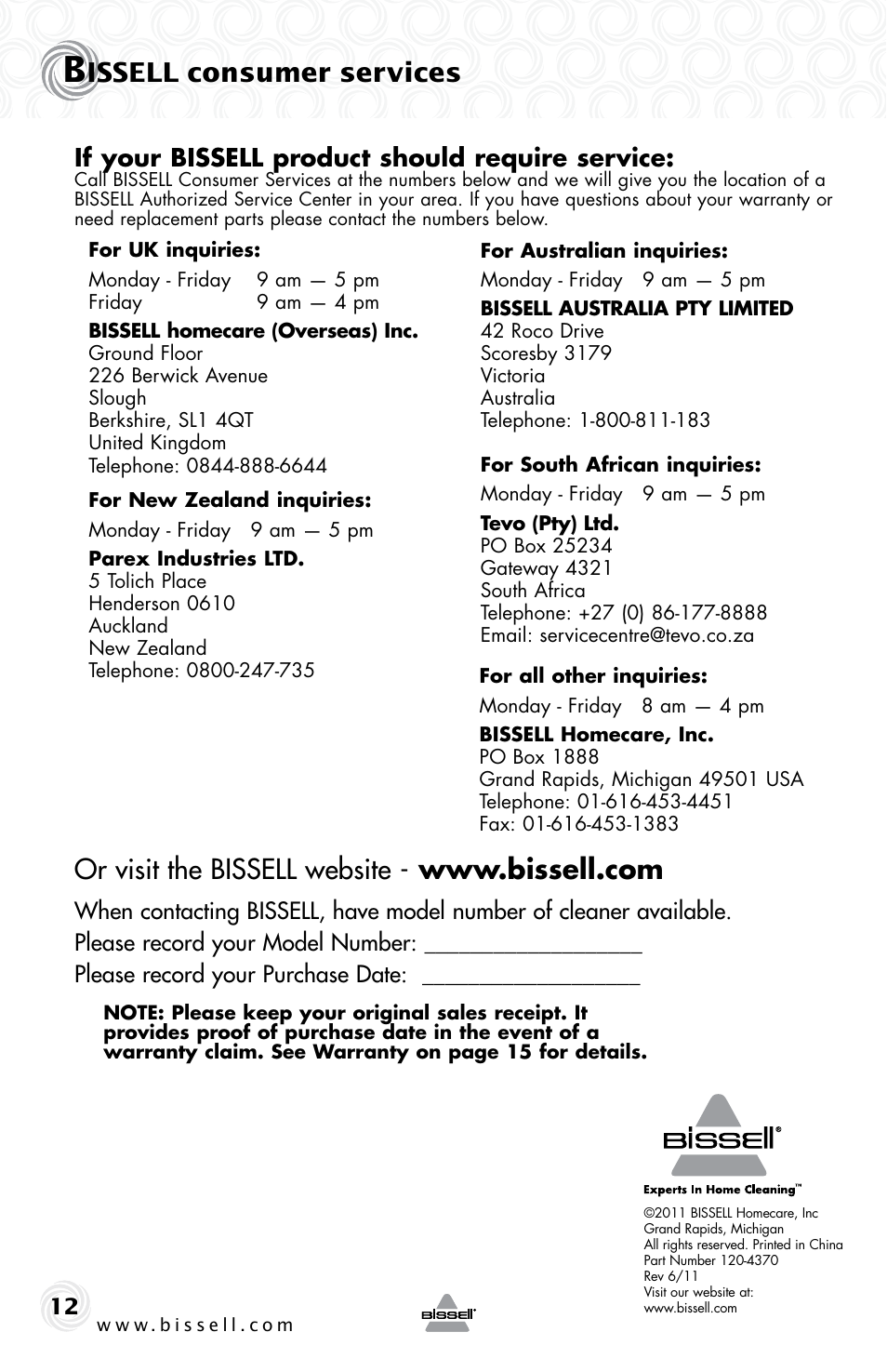 Issell consumer services, If your bissell product should require service | Bissell 57F4 User Manual | Page 12 / 12