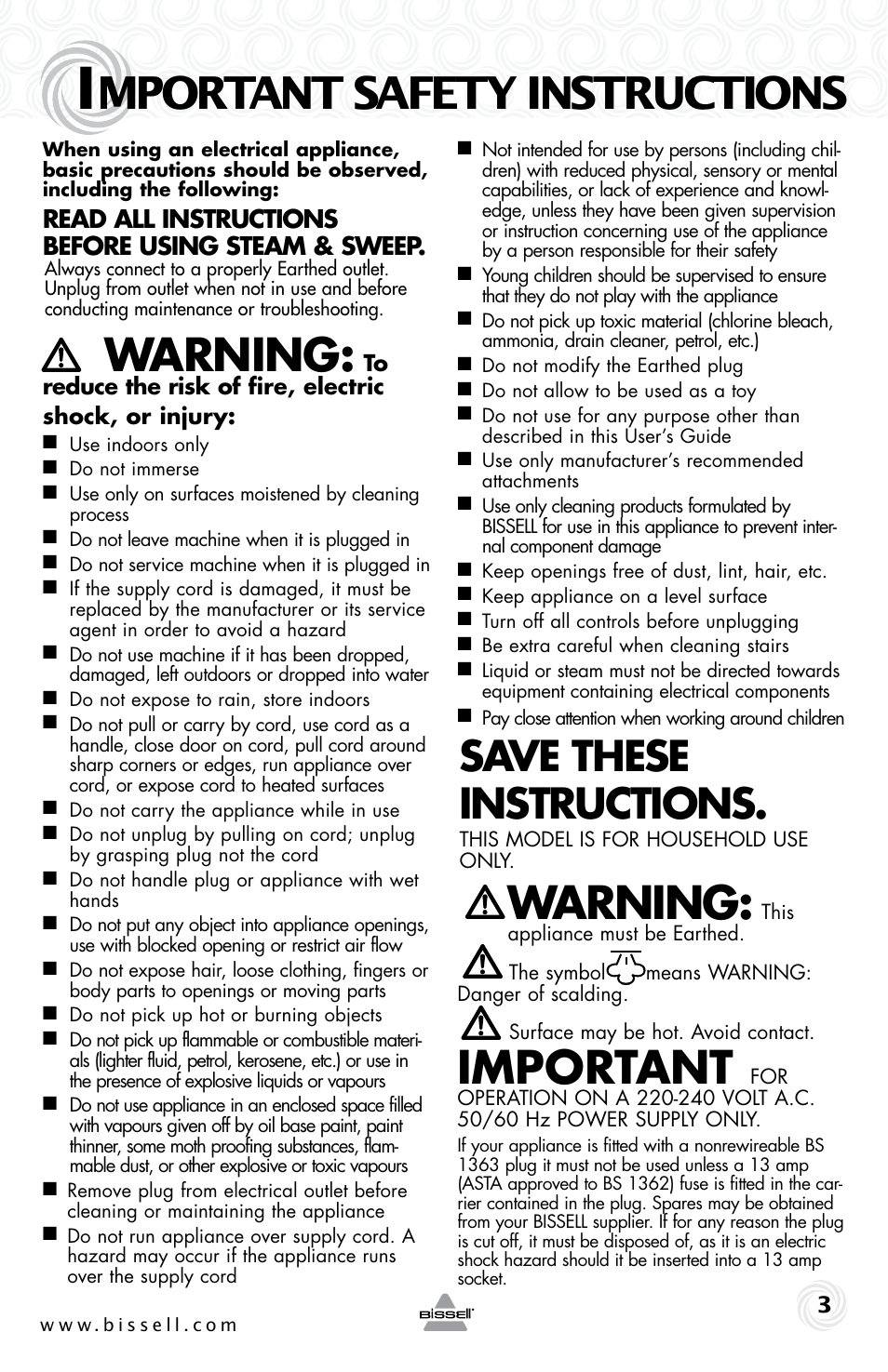 Mportant safety instructions, Warning, Important | Save these instructions, Read all instructions before using steam & sweep | Bissell 57F4 User Manual | Page 3 / 12