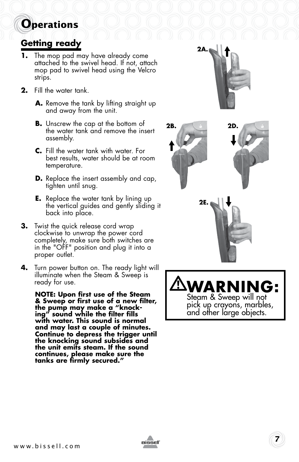 Warning, Perations, Getting ready | Bissell 57F4 User Manual | Page 7 / 12