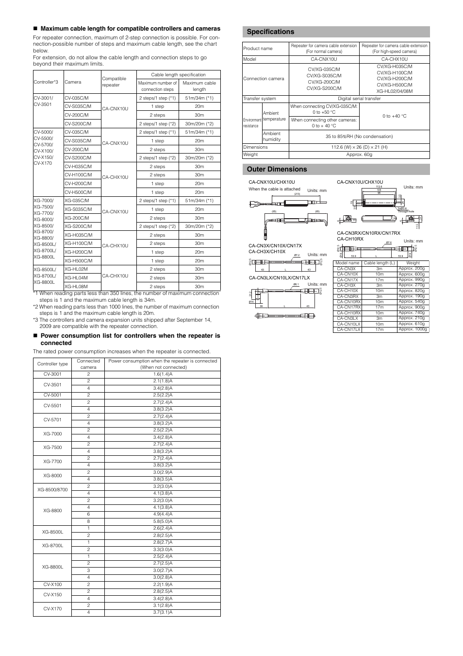 Specifications, Outer dimensions, Specifications outer dimensions | KEYENCE CA-CHX10U User Manual | Page 2 / 4