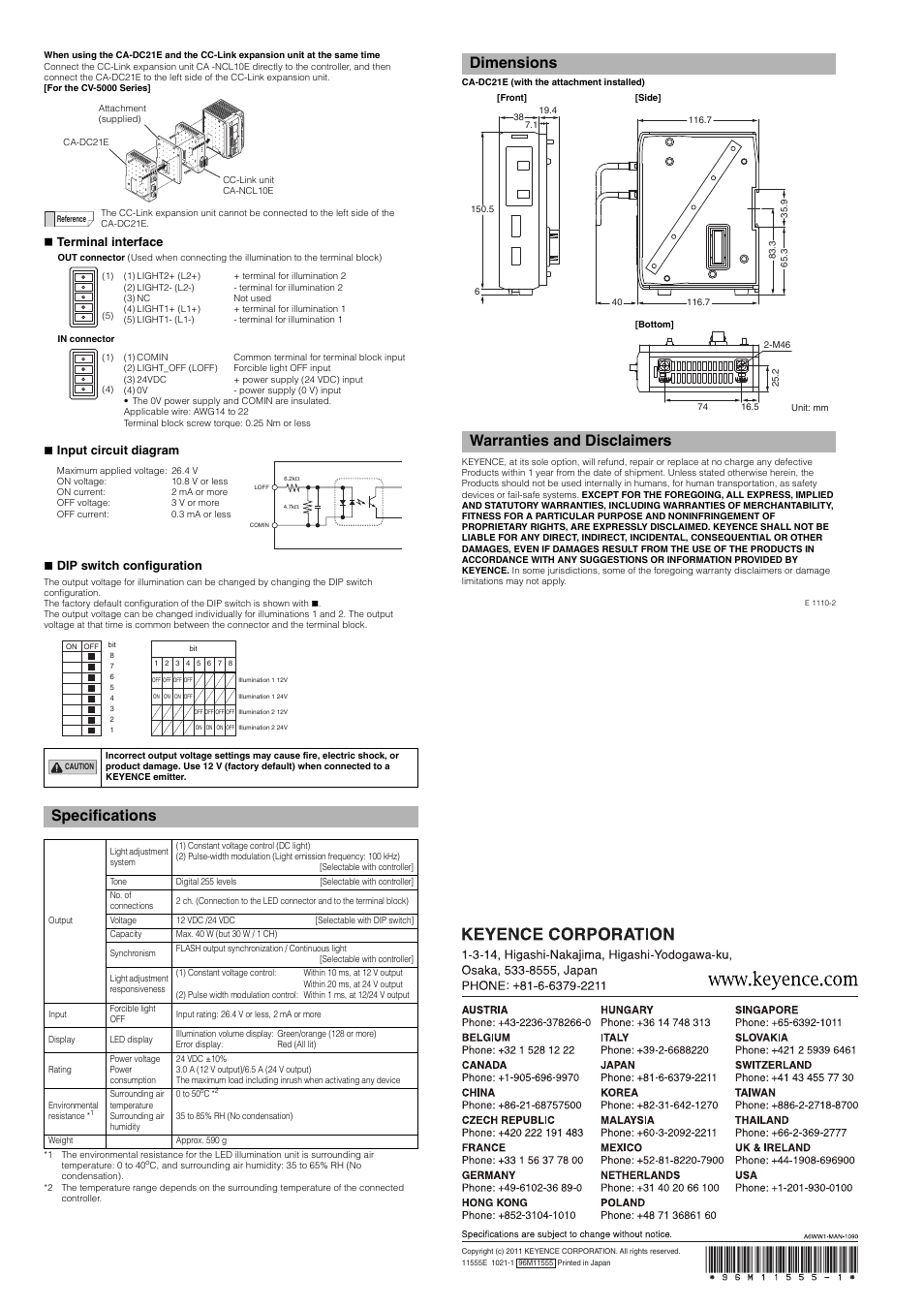 Specifications, Dimensions warranties and disclaimers | KEYENCE CA-DC21E User Manual | Page 2 / 2