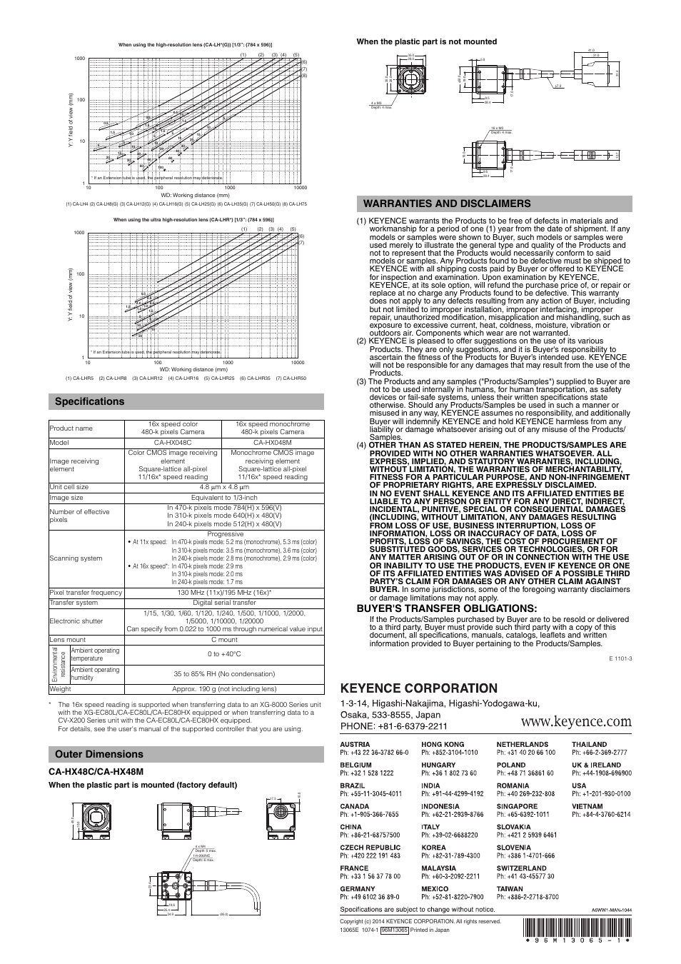 Specifications, Outer dimensions, Warranties and disclaimers | Buyer's transfer obligations, Ca-hx48c/ca-hx48m | KEYENCE CA-HX048M User Manual | Page 2 / 2