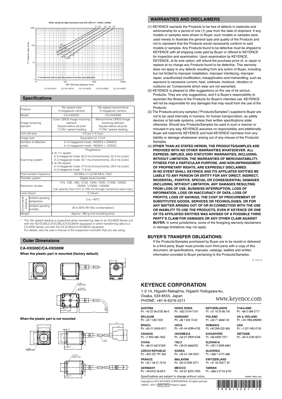 Specifications, Outer dimensions, Warranties and disclaimers | Buyer's transfer obligations | KEYENCE CA-HX500M User Manual | Page 2 / 2