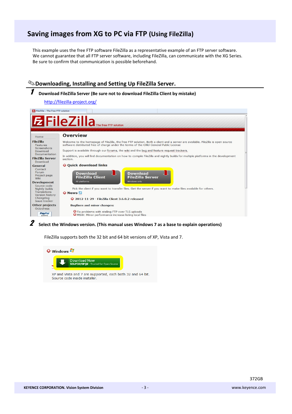 Installing and setting up the filezilla server, Saving images from xg to pc via ftp, Using filezilla) | KEYENCE XG Series User Manual | Page 3 / 22