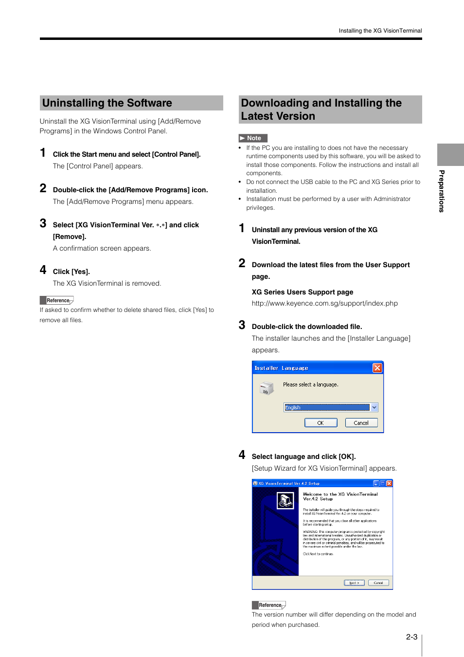 Uninstalling the software, Downloading and installing the latest version, Uninstalling the software -3 | Downloading and installing the latest, Version -3 | KEYENCE XG VisionTerminal User Manual | Page 15 / 58