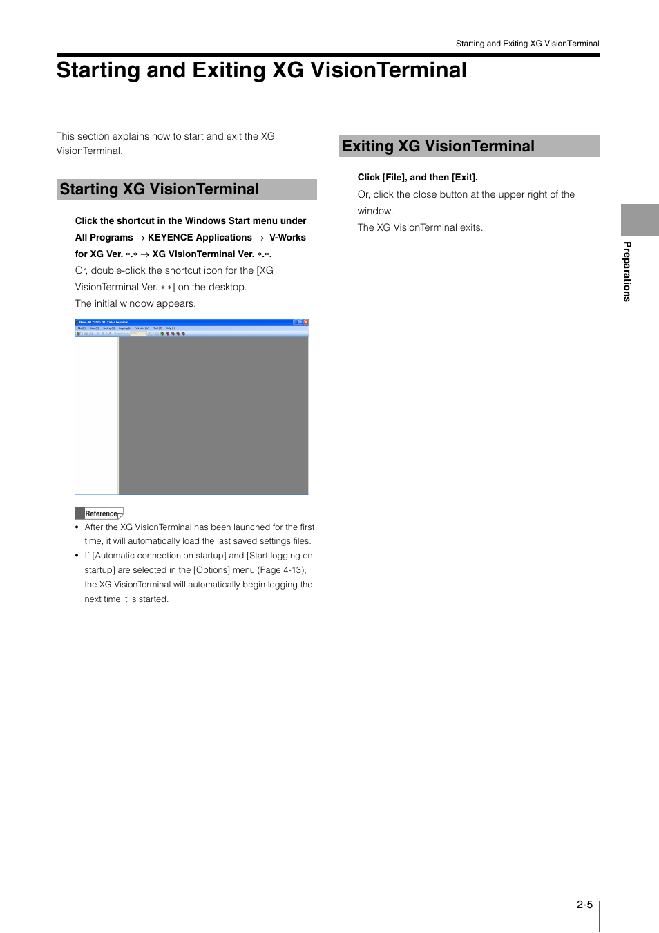 Starting and exiting xg visionterminal, Starting xg visionterminal, Exiting xg visionterminal | Starting and exiting xg visionterminal -5, Starting xg visionterminal -5, Exiting xg visionterminal -5 | KEYENCE XG VisionTerminal User Manual | Page 17 / 58