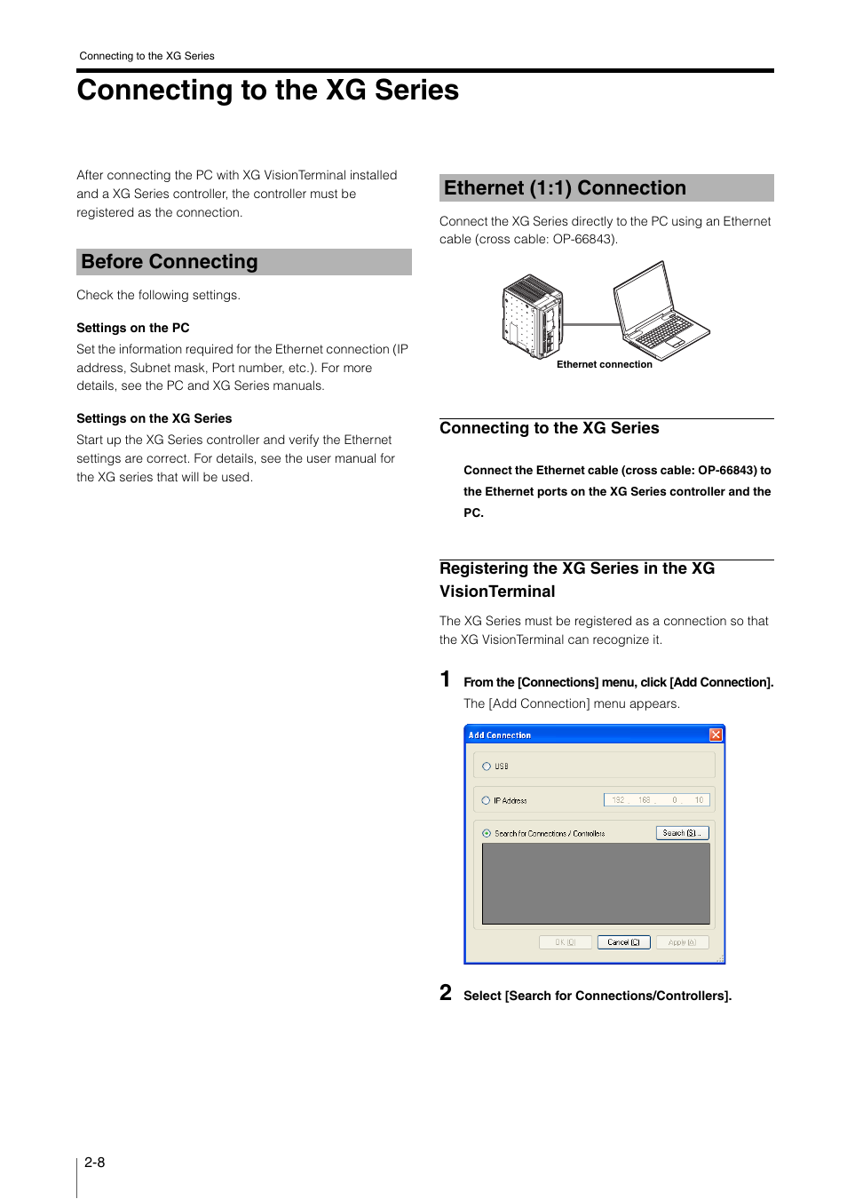 Connecting to the xg series, Before connecting, Ethernet (1:1) connection | Connecting to the xg series -8, Before connecting -8, Ethernet (1:1) connection -8, Before connecting ethernet (1:1) connection | KEYENCE XG VisionTerminal User Manual | Page 20 / 58