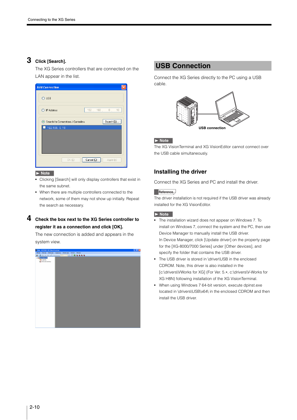 Usb connection, Usb connection -10, Installing the driver | KEYENCE XG VisionTerminal User Manual | Page 22 / 58