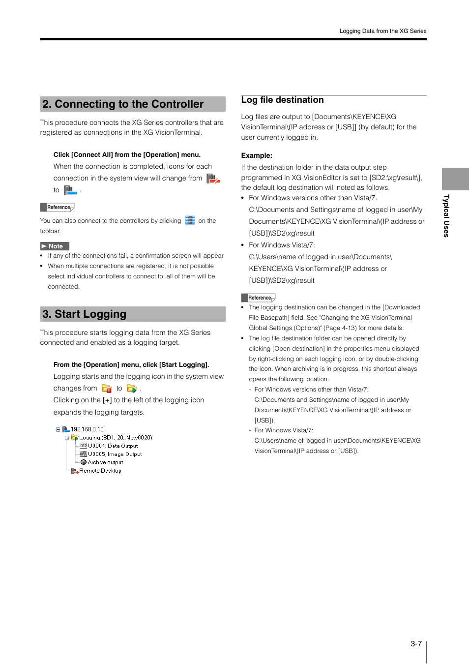 Connecting to the controller, Start logging, Connecting to the controller -7 | Start logging -7, Connecting to the controller 3. start logging, Log file destination | KEYENCE XG VisionTerminal User Manual | Page 31 / 58