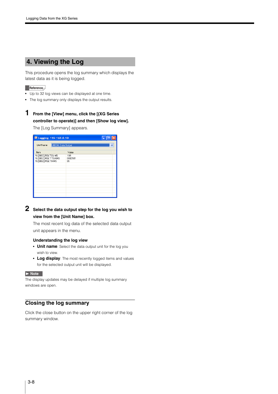 Viewing the log, Viewing the log -8, Closing the log summary | KEYENCE XG VisionTerminal User Manual | Page 32 / 58