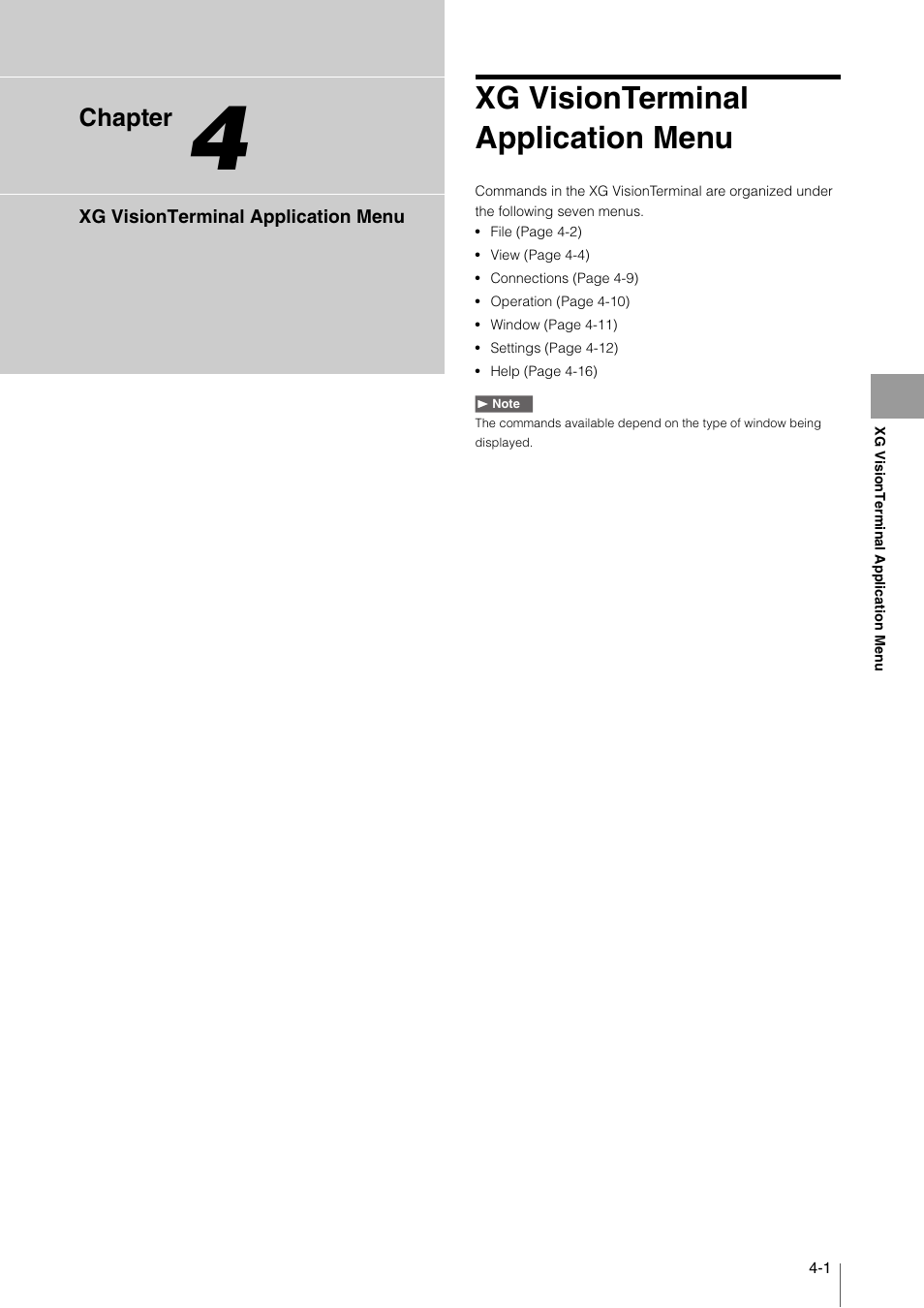 Chapter 4 xg visionterminal application menu, Xg visionterminal application menu, Chapter 4 xg visionterminal | Application menu, Xg visionterminal application menu -1, Chapter | KEYENCE XG VisionTerminal User Manual | Page 33 / 58