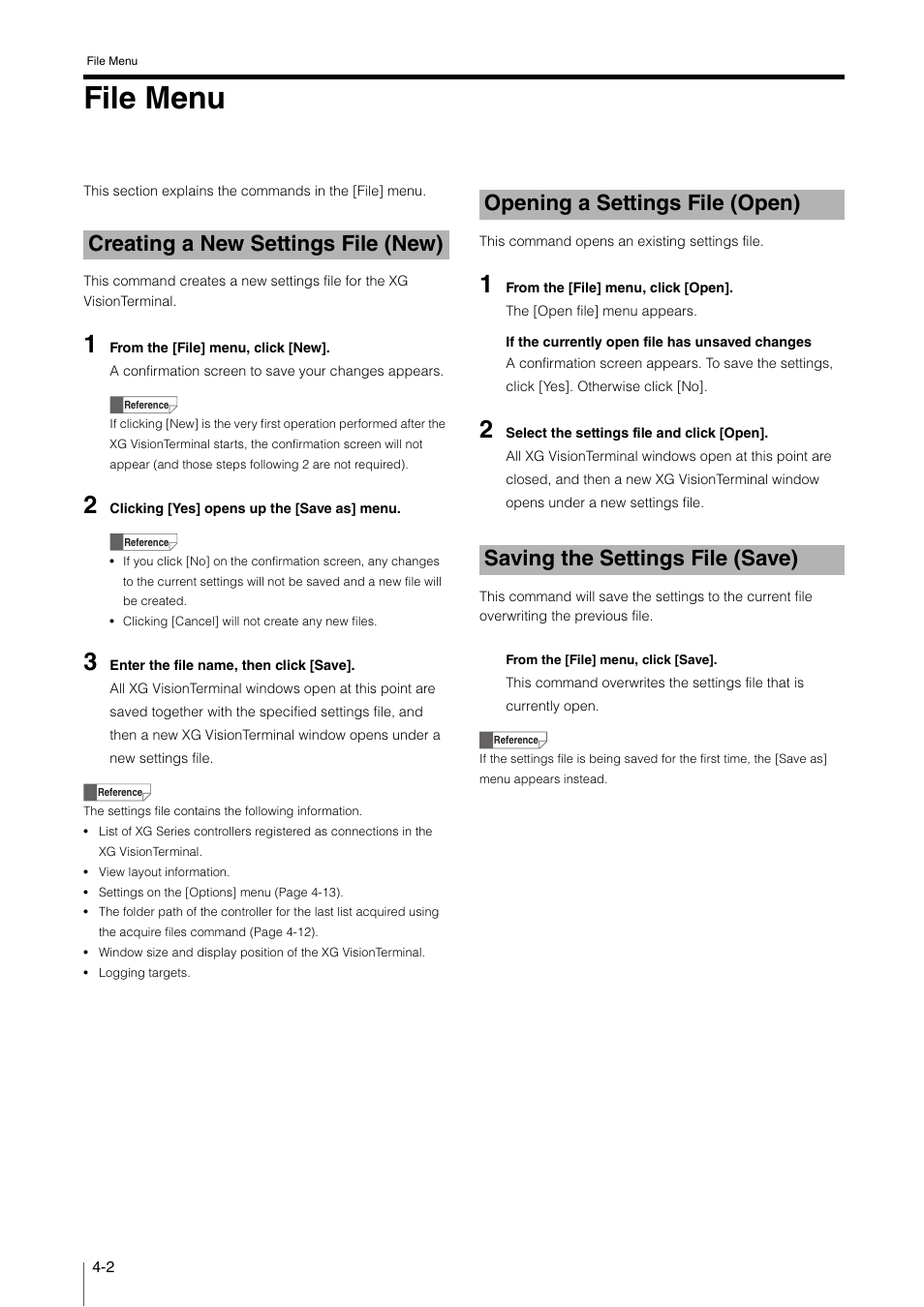 File menu, Creating a new settings file (new), Opening a settings file (open) | Saving the settings file (save), File menu -2, Creating a new settings file (new) -2, Opening a settings file (open) -2, Saving the settings file (save) -2 | KEYENCE XG VisionTerminal User Manual | Page 34 / 58