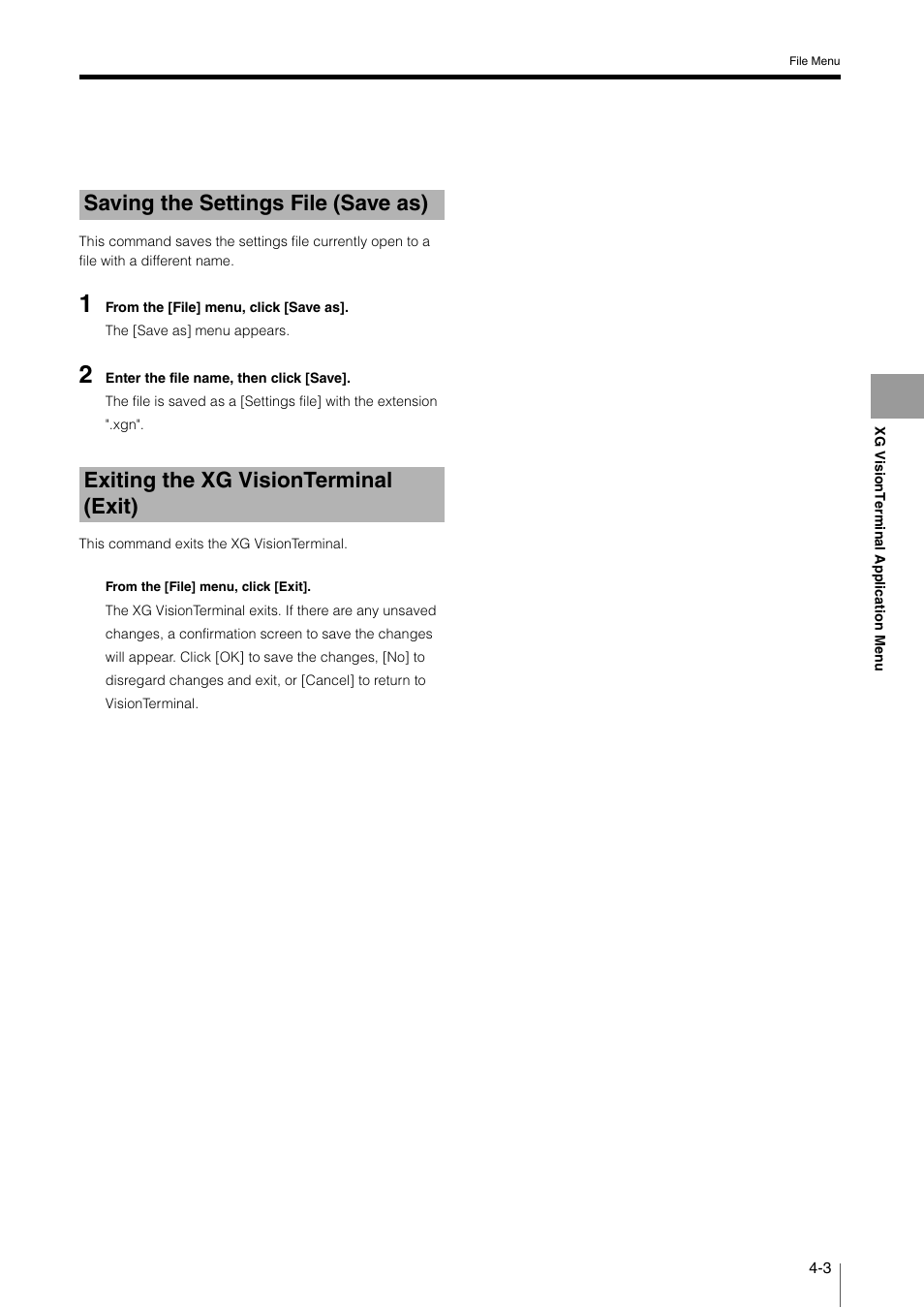 Saving the settings file (save as), Exiting the xg visionterminal (exit), Saving the settings file (save as) -3 | Exiting the xg visionterminal (exit) -3 | KEYENCE XG VisionTerminal User Manual | Page 35 / 58