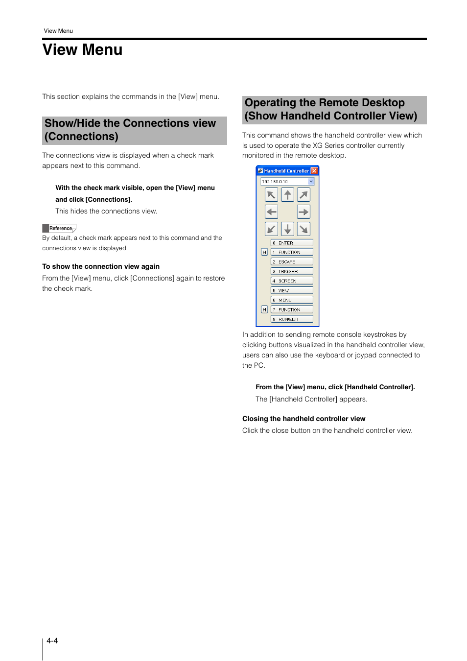 View menu, Show/hide the connections view (connections), View menu -4 | Show/hide the connections view, Connections) -4, Operating the remote desktop, Show handheld controller view) -4, E "operating the remote desktop (show | KEYENCE XG VisionTerminal User Manual | Page 36 / 58